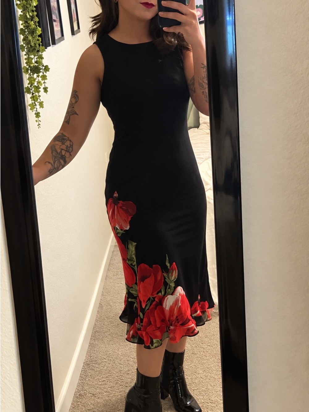 Vintage 90s Talbots Petites Black Red flower Maxi Dress 4P